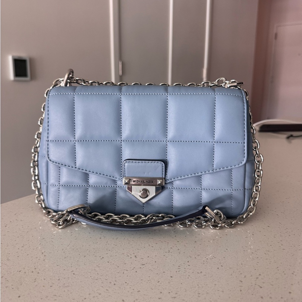 Michael Kors Quilted Crossbody Bag in Light Blue with Silver Chain
